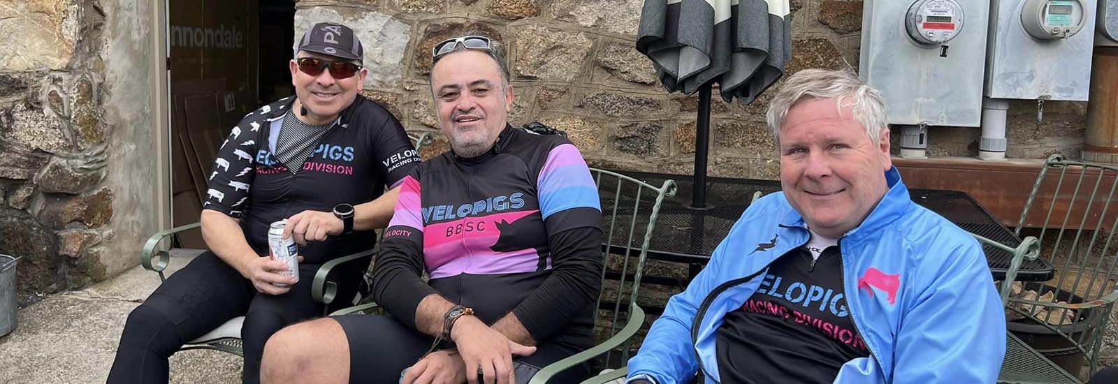 Three VeloPigs member relaxing after a great gravel ride
