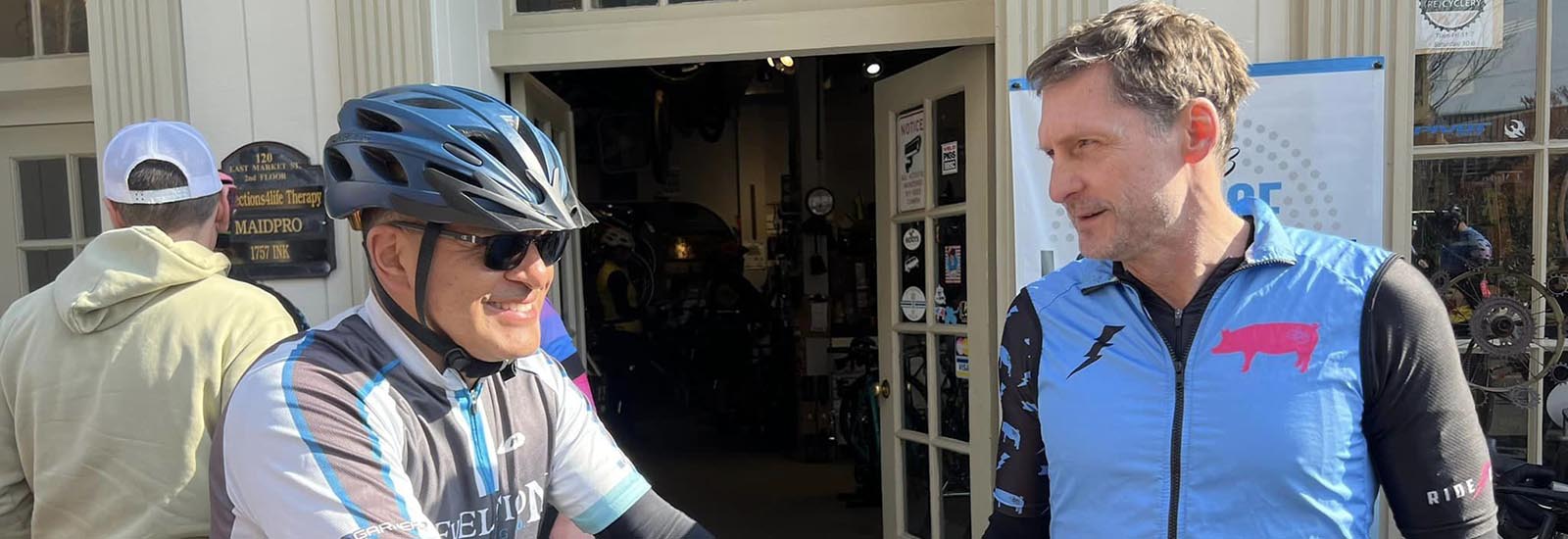 Image of two VeloPigs talking about the great gravel bike ride they just rode.